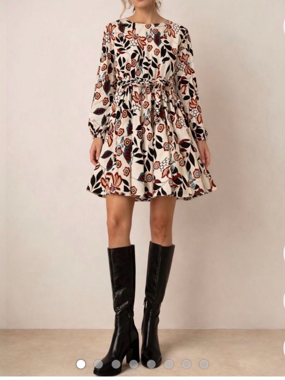 Floral Tie-Waist Midi Dress in Ivory